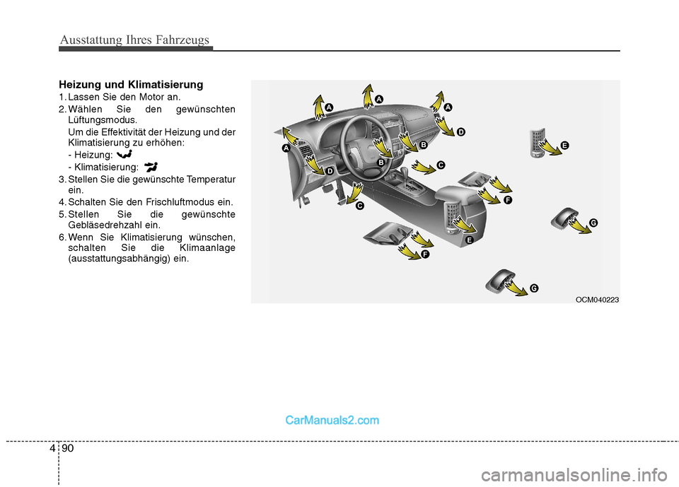 Hyundai Santa Fe 2010  Betriebsanleitung (in German) Ausstattung Ihres Fahrzeugs
90
4
Heizung und Klimatisierung 
1. Lassen Sie den Motor an.
2. Wählen Sie den gewünschten
Lüftungsmodus.
Um die Effektivität der Heizung und der 
Klimatisierung zu erh