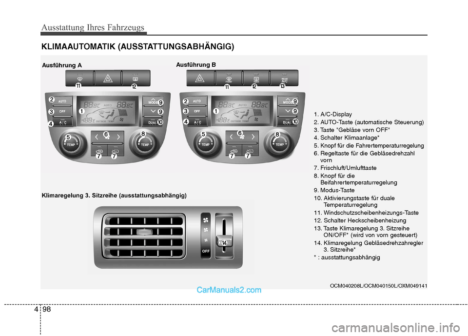 Hyundai Santa Fe 2010  Betriebsanleitung (in German) Ausstattung Ihres Fahrzeugs
98
4
KLIMAAUTOMATIK (AUSSTATTUNGSABHÄNGIG)
OCM040208L/OCM040150L/OXM049141
1. A/C-Display 
2. AUTO-Taste (automatische Steuerung)
3. Taste "Gebläse vorn OFF"
4. Schalter 