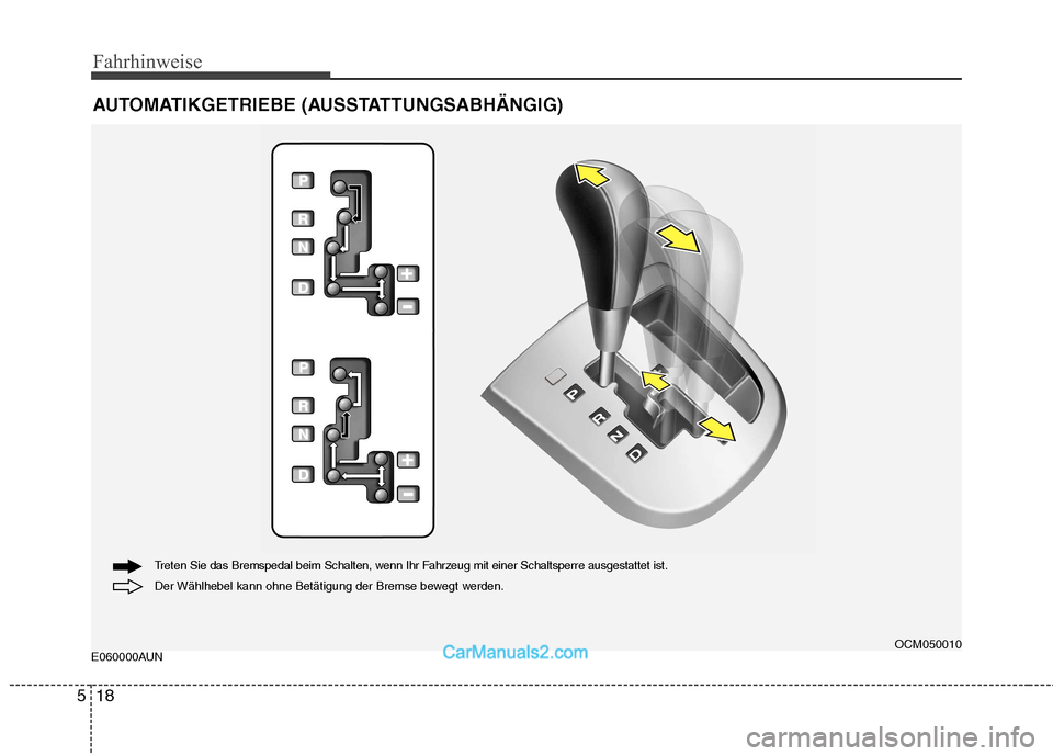 Hyundai Santa Fe 2010 Betriebsanleitung (in German) Fahrhinweise
18
5
E060000AUN AUTOMATIKGETRIEBE (AUSSTATTUNGSABHÄNGIG)OCM050010
Der Wählhebel kann ohne Betätigung der Bremse bewegt werden.
Treten Sie das Bremspedal beim Schalten, wenn Ihr Fahrzeu Hyundai Santa Fe 2010 Betriebsanleitung (in German) Fahrhinweise
18
5
E060000AUN AUTOMATIKGETRIEBE (AUSSTATTUNGSABHÄNGIG)OCM050010
Der Wählhebel kann ohne Betätigung der Bremse bewegt werden.
Treten Sie das Bremspedal beim Schalten, wenn Ihr Fahrzeu