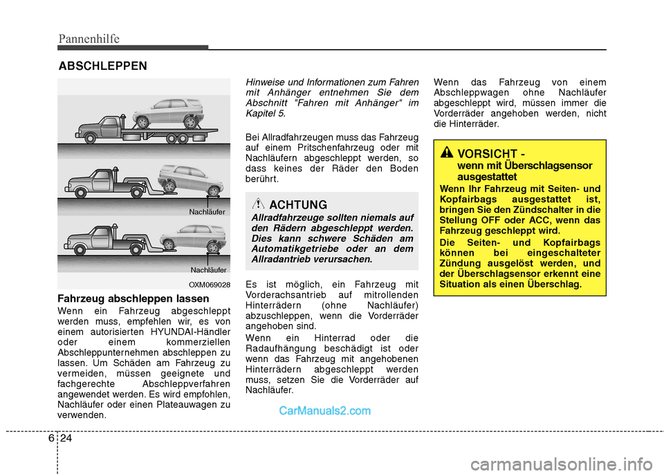Hyundai Santa Fe 2010 Betriebsanleitung (in German) Pannenhilfe
24
6
ABSCHLEPPEN
Fahrzeug abschleppen lassen
Wenn ein Fahrzeug abgeschleppt
werden muss, empfehlen wir, es von
einem autorisierten HYUNDAI-Händler
oder einem kommerziellen
Abschleppunte Hyundai Santa Fe 2010 Betriebsanleitung (in German) Pannenhilfe
24
6
ABSCHLEPPEN
Fahrzeug abschleppen lassen
Wenn ein Fahrzeug abgeschleppt
werden muss, empfehlen wir, es von
einem autorisierten HYUNDAI-Händler
oder einem kommerziellen
Abschleppunte