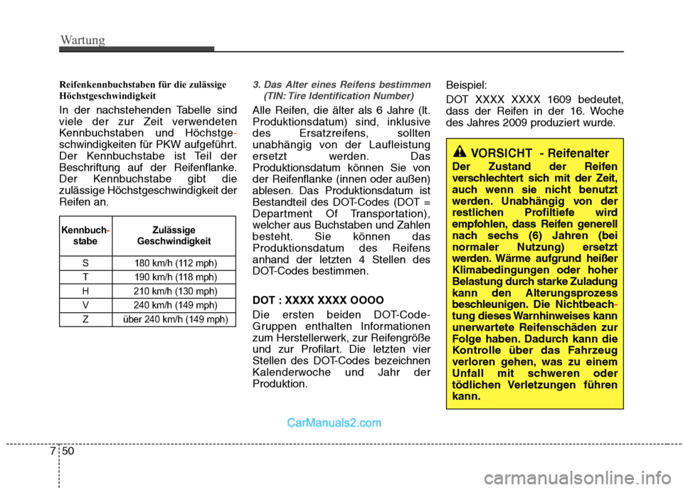 Hyundai Santa Fe 2010 Betriebsanleitung (in German) Wartung
50
7
Reifenkennbuchstaben für die zulässige
Höchstgeschwindigkeit
In der nachstehenden Tabelle sind
viele der zur Zeit verwendeten
Kennbuchstaben und Höchstge
-
schwindigkeiten für P Hyundai Santa Fe 2010 Betriebsanleitung (in German) Wartung
50
7
Reifenkennbuchstaben für die zulässige
Höchstgeschwindigkeit
In der nachstehenden Tabelle sind
viele der zur Zeit verwendeten
Kennbuchstaben und Höchstge
-
schwindigkeiten für P