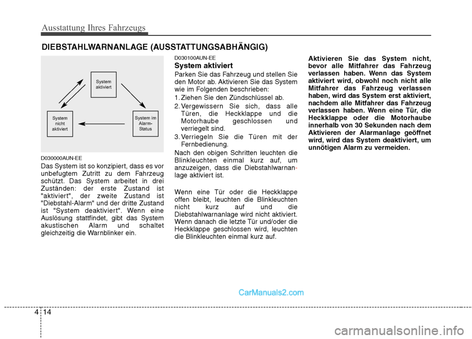 Hyundai Santa Fe 2010  Betriebsanleitung (in German) Ausstattung Ihres Fahrzeugs
14
4
D030000AUN-EE 
Das System ist so konzipiert, dass es vor 
unbefugtem Zutritt zu dem Fahrzeug
schützt. Das System arbeitet in drei
Zuständen: der erste Zustand ist
"a