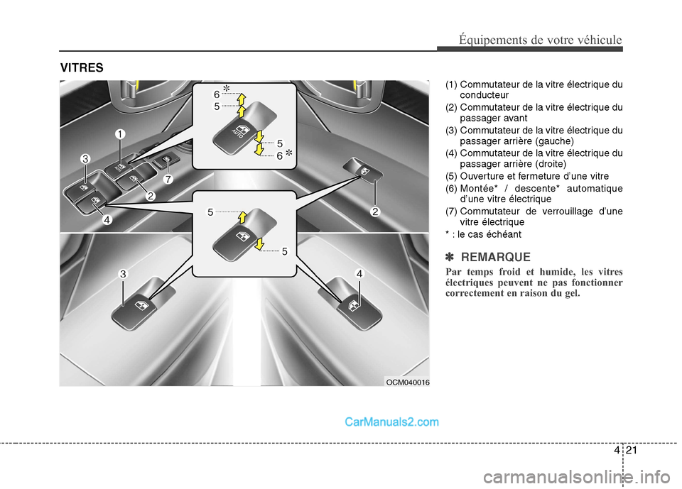 Hyundai Santa Fe 2010 Manuel du propriétaire (in French) 421
Équipements de votre véhicule
(1) Commutateur de la vitre électrique duconducteur
(2) Commutateur de la vitre électrique du passager avant
(3) Commutateur de la vitre électrique du passager a Hyundai Santa Fe 2010 Manuel du propriétaire (in French) 421
Équipements de votre véhicule
(1) Commutateur de la vitre électrique duconducteur
(2) Commutateur de la vitre électrique du passager avant
(3) Commutateur de la vitre électrique du passager a
