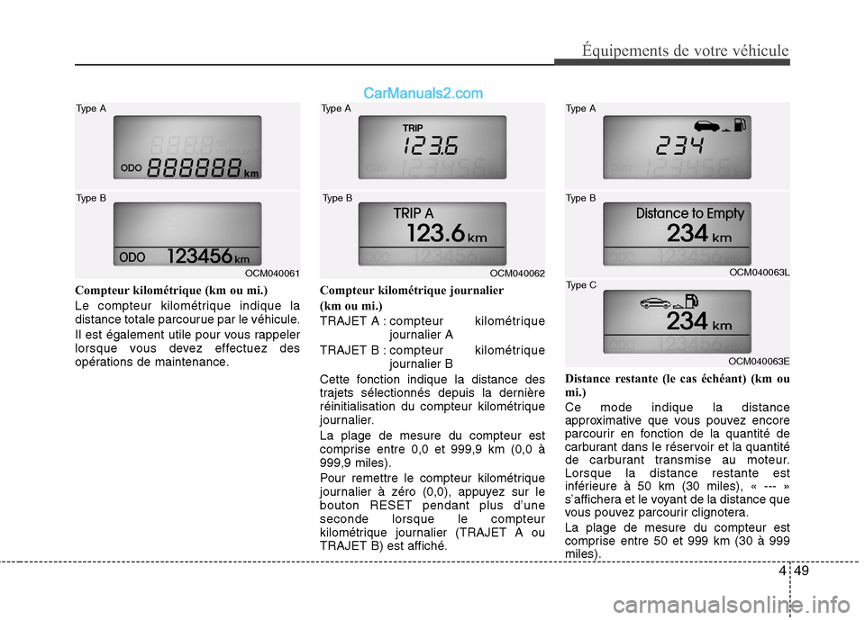 Hyundai Santa Fe 2010  Manuel du propriétaire (in French) 449
Équipements de votre véhicule
Compteur kilométrique (km ou mi.) 
Le compteur kilométrique indique la 
distance totale parcourue par le véhicule. 
Il est également utile pour vous rappeler 
l