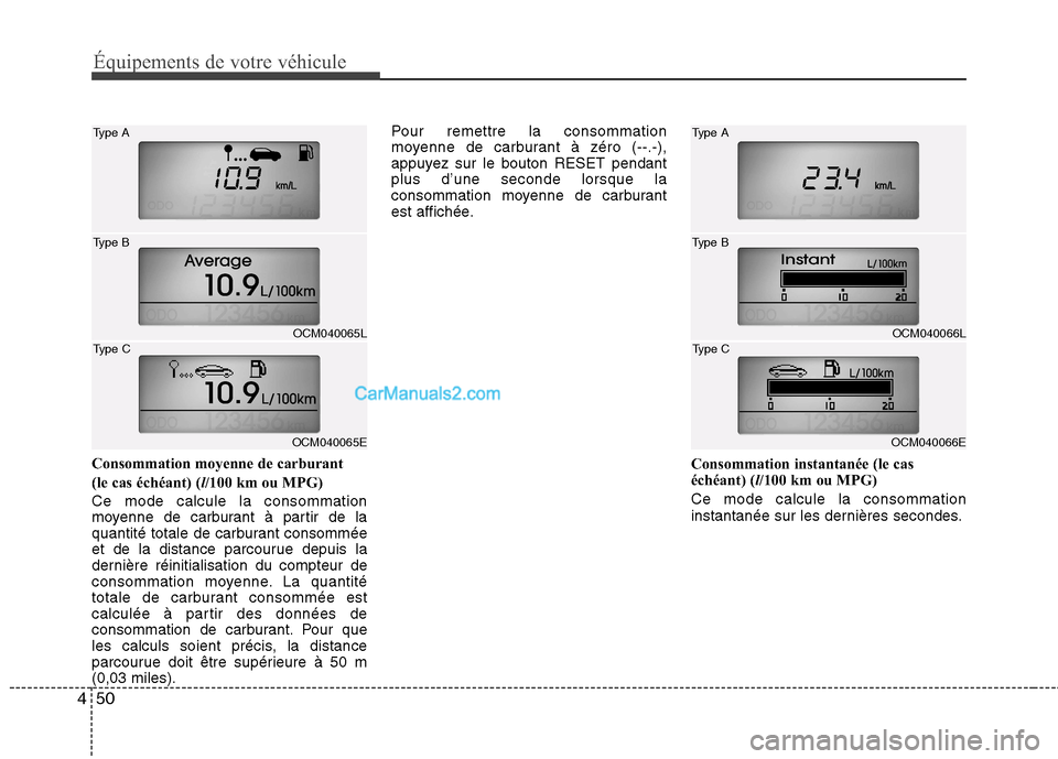 Hyundai Santa Fe 2010  Manuel du propriétaire (in French) Équipements de votre véhicule
50
4
Consommation moyenne de carburant 
(le cas échéant) ( l/100 km ou MPG) 
Ce mode calcule la consommation 
moyenne de carburant à partir de la
quantité totale de