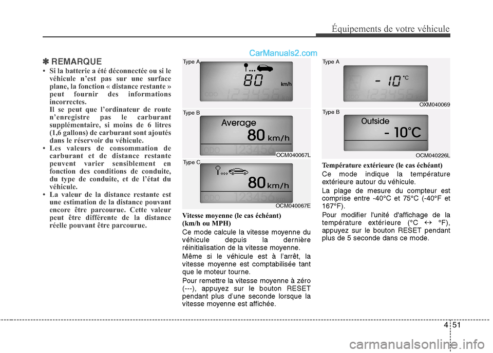 Hyundai Santa Fe 2010  Manuel du propriétaire (in French) 451
Équipements de votre véhicule
✽✽REMARQUE
 Si la batterie a été déconnectée ou si le véhicule n’est pas sur une surface 
plane, la fonction « distance restante »
peut fournir des in