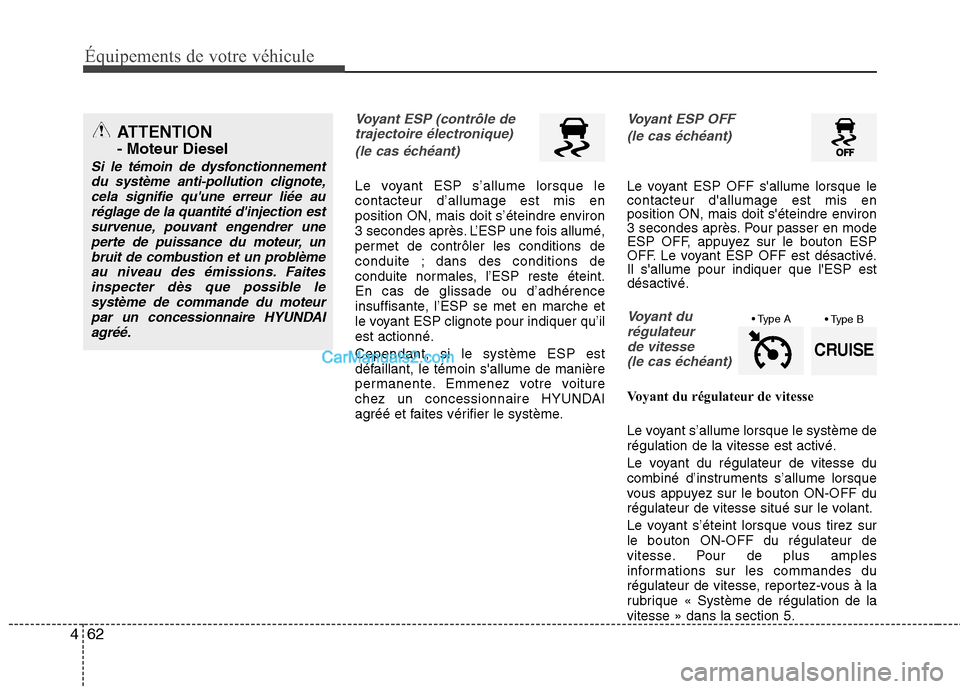 Hyundai Santa Fe 2010  Manuel du propriétaire (in French) Équipements de votre véhicule
62
4
Voyant ESP (contrôle de
trajectoire électronique) 
(le cas échéant)
Le voyant ESP s’allume lorsque le contacteur d’allumage est mis en
position ON, mais do