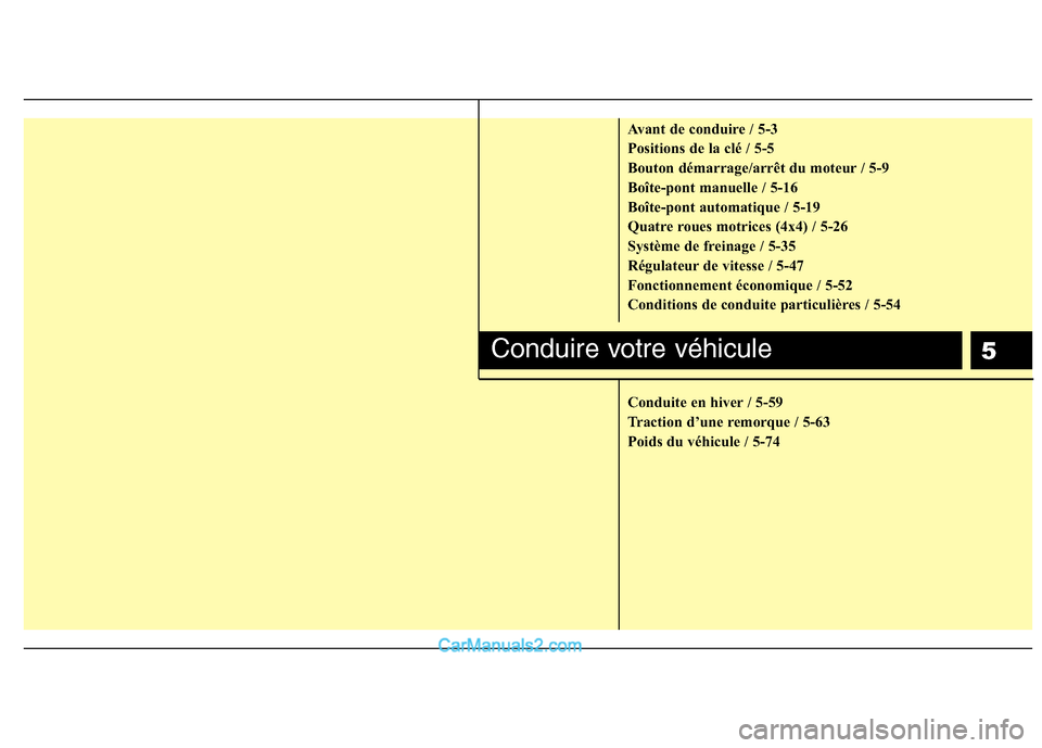 Hyundai Santa Fe 2010 Manuel du propriétaire (in French) 5
Avant de conduire / 5-3
Positions de la clé / 5-5
Bouton démarrage/arrêt du moteur / 5-9
Boîte-pont manuelle / 5-16
Boîte-pont automatique / 5-19
Quatre roues motrices (4x4) / 5-26
Système de Hyundai Santa Fe 2010 Manuel du propriétaire (in French) 5
Avant de conduire / 5-3
Positions de la clé / 5-5
Bouton démarrage/arrêt du moteur / 5-9
Boîte-pont manuelle / 5-16
Boîte-pont automatique / 5-19
Quatre roues motrices (4x4) / 5-26
Système de
