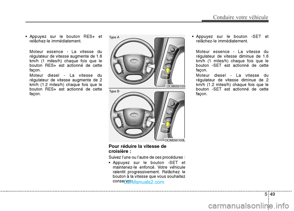 Hyundai Santa Fe 2010 Manuel du propriétaire (in French) 549
Conduire votre véhicule
Appuyez sur le bouton RES+ etrelâchez-le immédiatement. Moteur essence - La vitesse du régulateur de vitesse augmente de 1.6
km/h (1 miles/h) chaque fois que lebouton Hyundai Santa Fe 2010 Manuel du propriétaire (in French) 549
Conduire votre véhicule
Appuyez sur le bouton RES+ etrelâchez-le immédiatement. Moteur essence - La vitesse du régulateur de vitesse augmente de 1.6
km/h (1 miles/h) chaque fois que lebouton