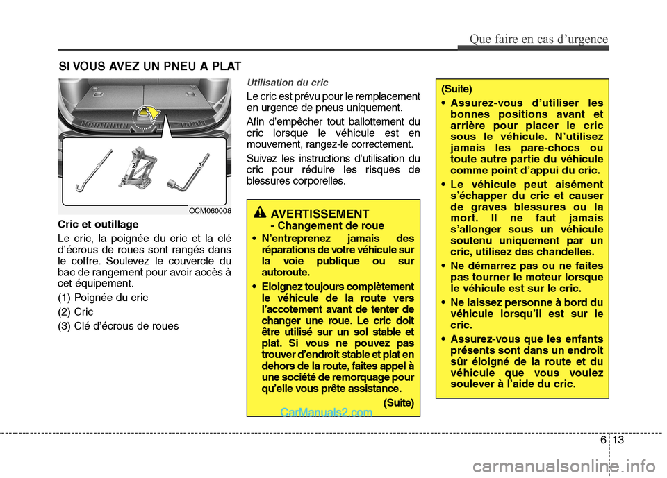 Hyundai Santa Fe 2010 Manuel du propriétaire (in French) 613
Que faire en cas d’urgence
SI VOUS AVEZ UN PNEU A PLAT
Cric et outillage
Le cric, la poignée du cric et la clé
d’écrous de roues sont rangés dans
le coffre. Soulevez le couvercle du
bac Hyundai Santa Fe 2010 Manuel du propriétaire (in French) 613
Que faire en cas d’urgence
SI VOUS AVEZ UN PNEU A PLAT
Cric et outillage
Le cric, la poignée du cric et la clé
d’écrous de roues sont rangés dans
le coffre. Soulevez le couvercle du
bac