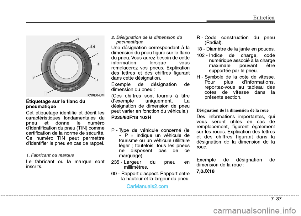 Hyundai Santa Fe 2010  Manuel du propriétaire (in French) 737
Entretien
Étiquetage sur le flanc du pneumatique 
Cet étiquetage identifie et décrit les 
caractéristiques fondamentales du
pneu et donne le numérod’identification du pneu (TIN) comme
certi