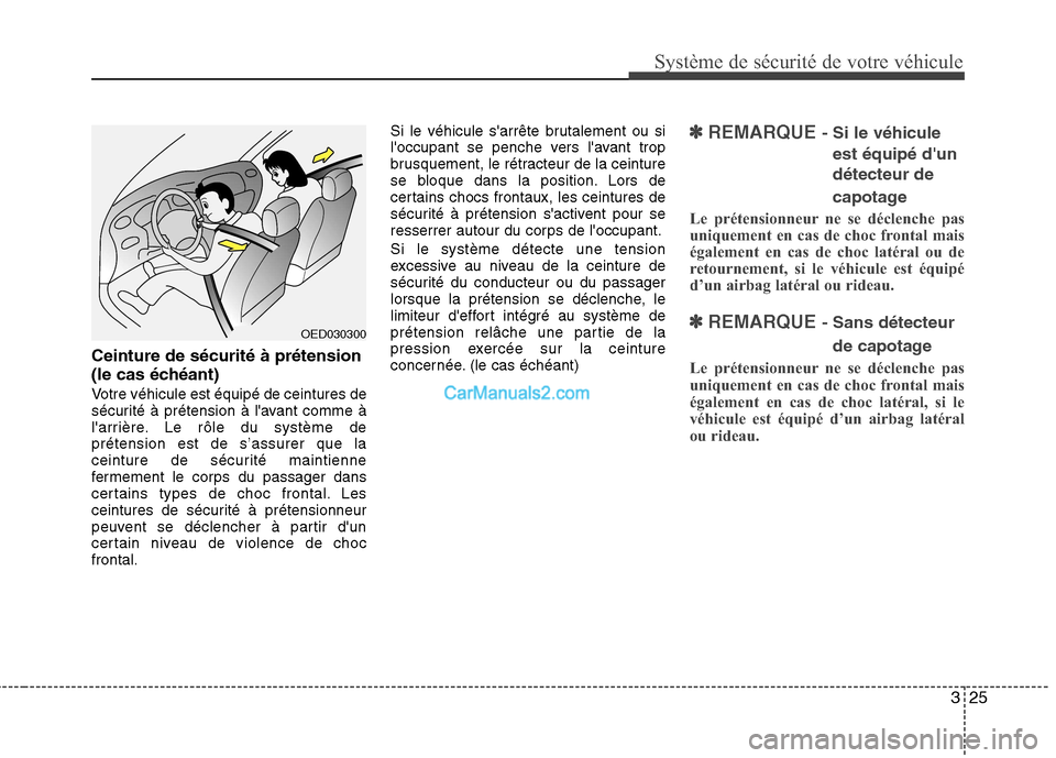 Hyundai Santa Fe 2010 Manuel du propriétaire (in French) 325
Système de sécurité de votre véhicule
Ceinture de sécurité à prétension
(le cas échéant)
Votre véhicule est équipé de ceintures de
sécurité à prétension à lavant comme à
l Hyundai Santa Fe 2010 Manuel du propriétaire (in French) 325
Système de sécurité de votre véhicule
Ceinture de sécurité à prétension
(le cas échéant)
Votre véhicule est équipé de ceintures de
sécurité à prétension à lavant comme à
l