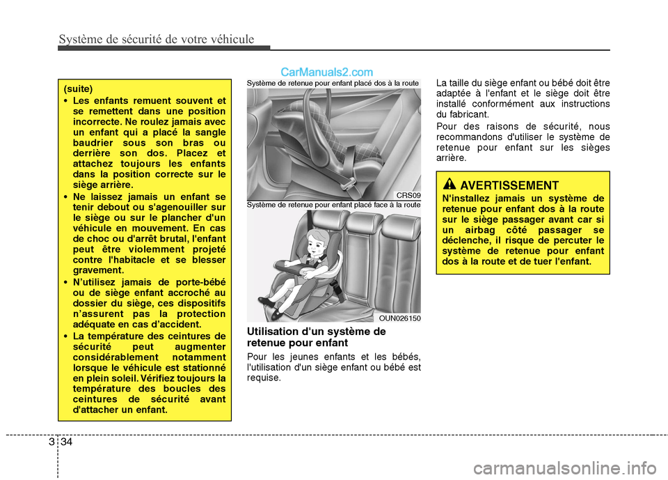Hyundai Santa Fe 2010 Manuel du propriétaire (in French) Système de sécurité de votre véhicule
34
3
Utilisation dun système de
retenue pour enfant
Pour les jeunes enfants et les bébés,
lutilisation dun siège enfant ou bébé est
requise. La t Hyundai Santa Fe 2010 Manuel du propriétaire (in French) Système de sécurité de votre véhicule
34
3
Utilisation dun système de
retenue pour enfant
Pour les jeunes enfants et les bébés,
lutilisation dun siège enfant ou bébé est
requise. La t