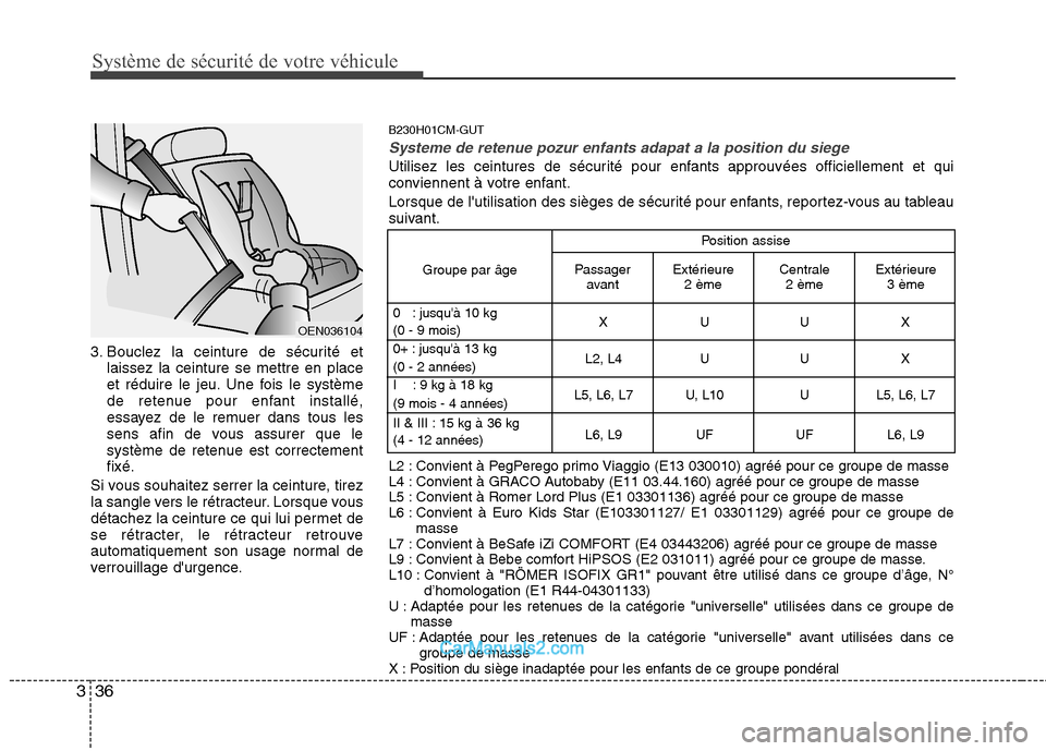 Hyundai Santa Fe 2010 Manuel du propriétaire (in French) Système de sécurité de votre véhicule
36
3
3. Bouclez la ceinture de sécurité et
laissez la ceinture se mettre en place
et réduire le jeu. Une fois le système
de retenue pour enfant install Hyundai Santa Fe 2010 Manuel du propriétaire (in French) Système de sécurité de votre véhicule
36
3
3. Bouclez la ceinture de sécurité et
laissez la ceinture se mettre en place
et réduire le jeu. Une fois le système
de retenue pour enfant install