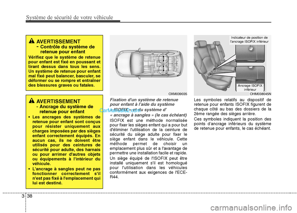 Hyundai Santa Fe 2010 Manuel du propriétaire (in French) Système de sécurité de votre véhicule
38
3
Fixation dun système de retenue
pour enfant à laide du système
« ISOFIX » et du système d« ancrage à sangles » (le cas échéant)
ISOFIX est Hyundai Santa Fe 2010 Manuel du propriétaire (in French) Système de sécurité de votre véhicule
38
3
Fixation dun système de retenue
pour enfant à laide du système
« ISOFIX » et du système d« ancrage à sangles » (le cas échéant)
ISOFIX est