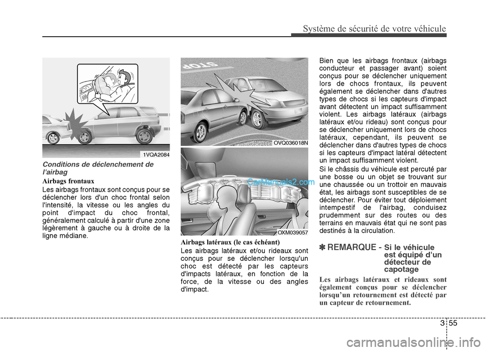 Hyundai Santa Fe 2010  Manuel du propriétaire (in French) 355
Système de sécurité de votre véhicule 
Conditions de déclenchement delairbag
Airbags frontaux Les airbags frontaux sont conçus pour se déclencher lors dun choc frontal selonlintensité, 