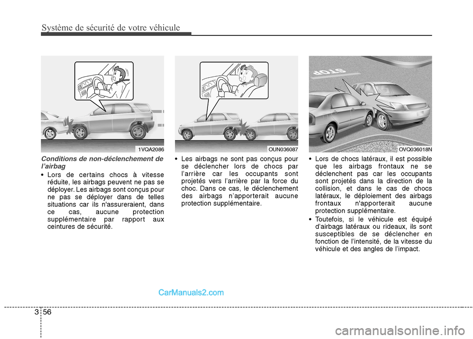 Hyundai Santa Fe 2010  Manuel du propriétaire (in French) Système de sécurité de votre véhicule 
56
3
Conditions de non-déclenchement de
l’airbag
 Lors de certains chocs à vitesse réduite, les airbags peuvent ne pas se 
déployer. Les airbags sont c