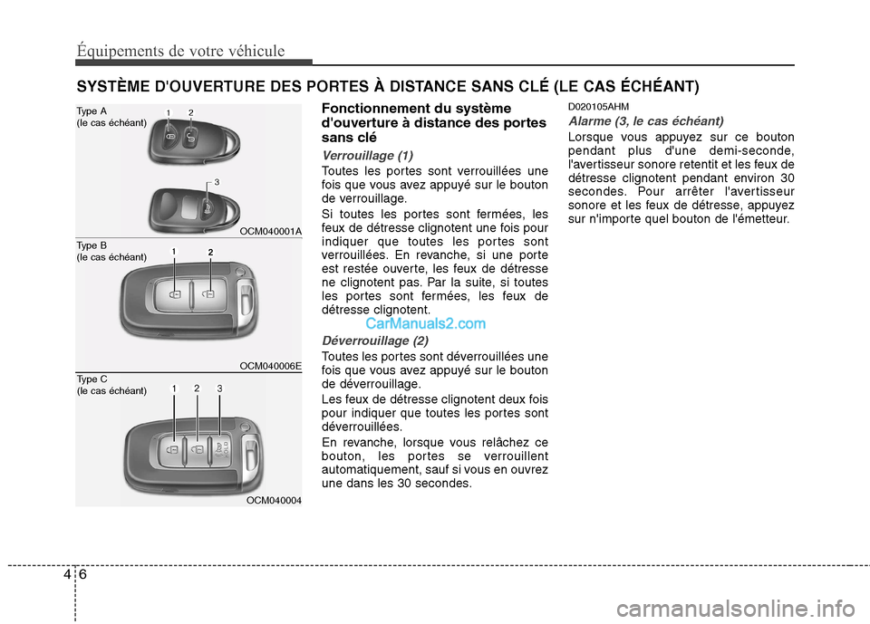 Hyundai Santa Fe 2010  Manuel du propriétaire (in French) Équipements de votre véhicule
6
4
Fonctionnement du système 
douverture à distance des portes
sans clé
Verrouillage (1)
Toutes les portes sont verrouillées une 
fois que vous avez appuyé sur l