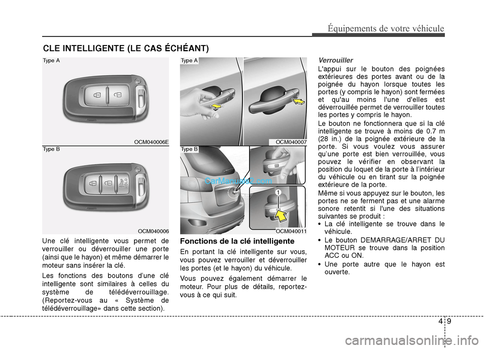 Hyundai Santa Fe 2010  Manuel du propriétaire (in French) 49
Équipements de votre véhicule
Une clé intelligente vous permet de 
verrouiller ou déverrouiller une porte
(ainsi que le hayon) et même démarrer lemoteur sans insérer la clé. 
Les fonctions 