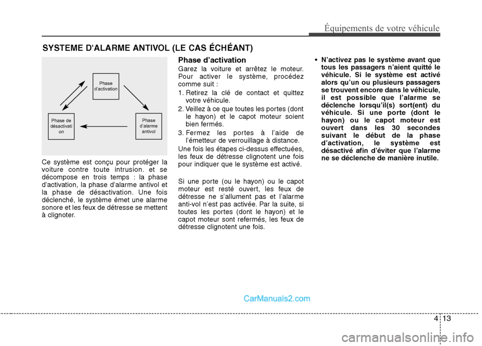 Hyundai Santa Fe 2010  Manuel du propriétaire (in French) 413
Équipements de votre véhicule
Ce système est conçu pour protéger la 
voiture contre toute intrusion. et se
décompose en trois temps : la phase
d’activation, la phase d’alarme antivol et
