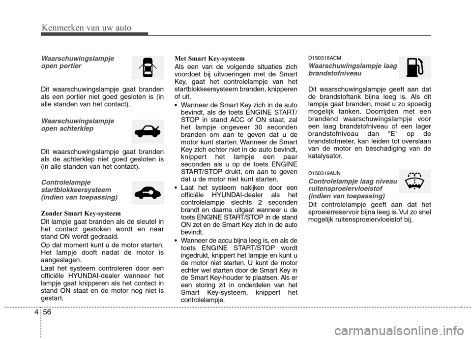 Hyundai Santa Fe 2010  Handleiding (in Dutch) Kenmerken van uw auto
56
4
Waarschuwingslampje
open portier
Dit waarschuwingslampje gaat branden 
als een portier niet goed gesloten is (in
alle standen van het contact).
Waarschuwingslampjeopen achte