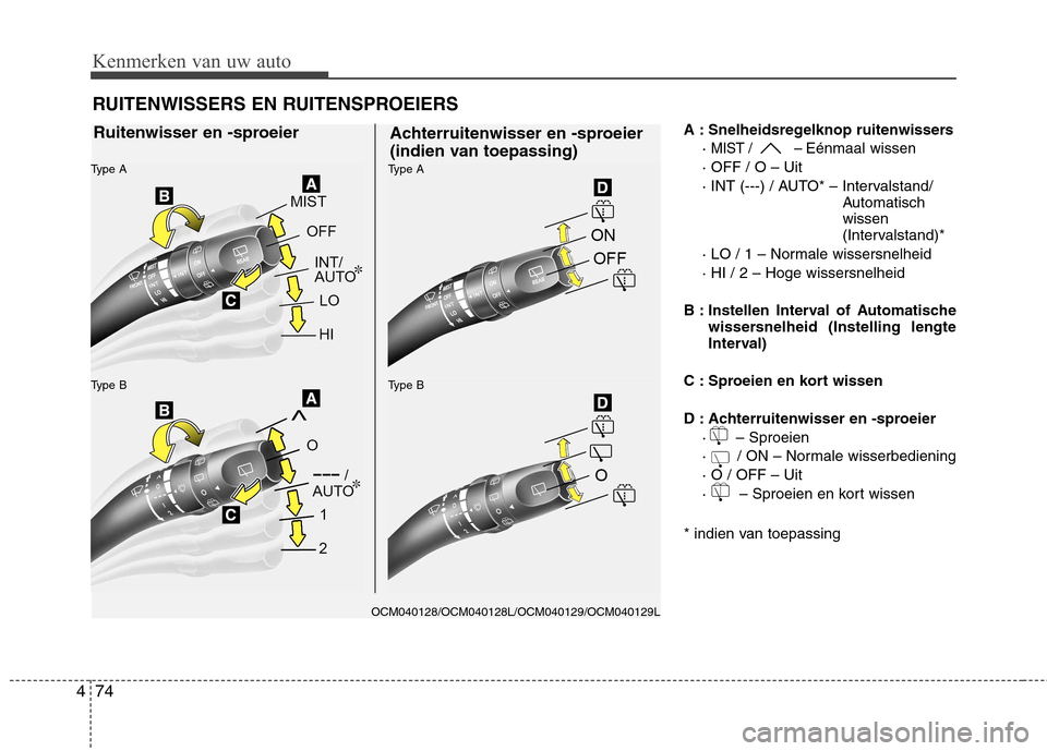 Hyundai Santa Fe 2010  Handleiding (in Dutch) Kenmerken van uw auto
74
4
A : Snelheidsregelknop ruitenwissers
· 
MIST /  – Eénmaal wissen
· OFF / O – Uit 
· INT (---) / AUTO* – Intervalstand/ Automatisch wissen
(Intervalstand)*
· LO / 
