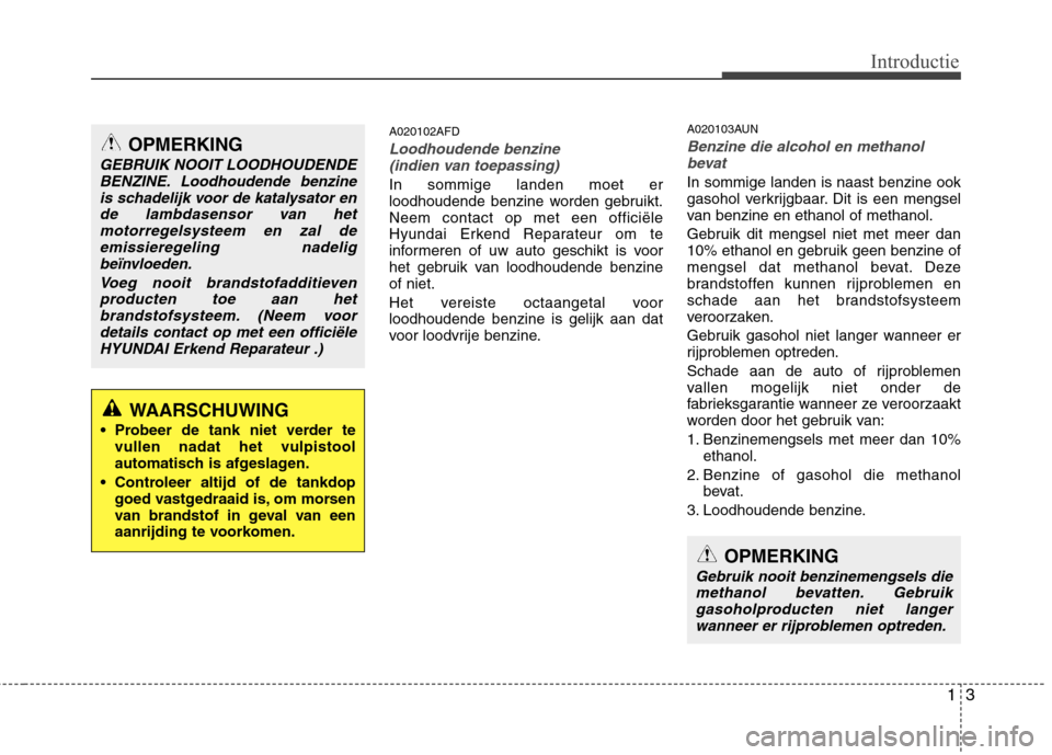 Hyundai Santa Fe 2010  Handleiding (in Dutch) 13
Introductie
A020102AFD
Loodhoudende benzine (indien van toepassing)
In sommige landen moet er 
loodhoudende benzine worden gebruikt.Neem contact op met een officiële
Hyundai Erkend Reparateur om t