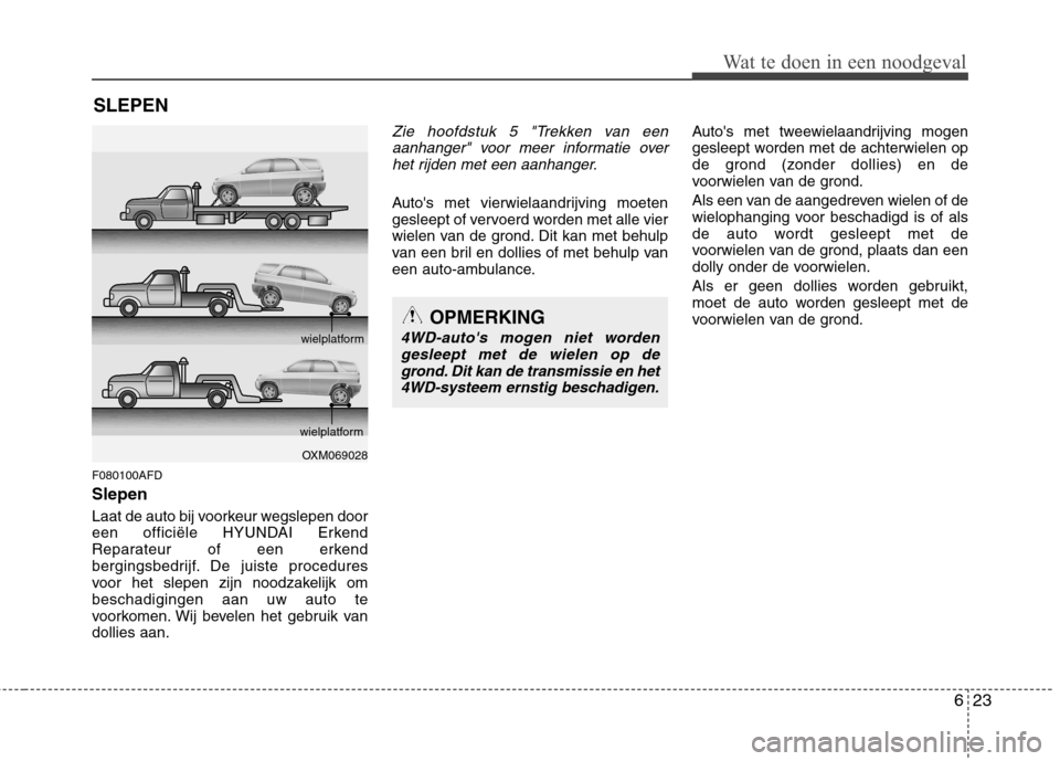 Hyundai Santa Fe 2010  Handleiding (in Dutch) 623
Wat te doen in een noodgeval
SLEPEN
F080100AFD Slepen 
Laat de auto bij voorkeur wegslepen door 
een officiële HYUNDAI Erkend
Reparateur of een erkend
bergingsbedrijf. De juiste procedures
voor h