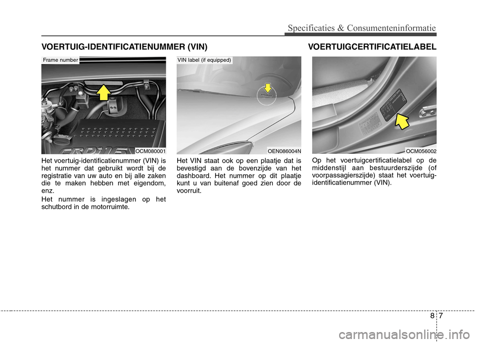 Hyundai Santa Fe 2010  Handleiding (in Dutch) 87
Specificaties & Consumenteninformatie
Het voertuig-identificatienummer (VIN) is 
het nummer dat gebruikt wordt bij de
registratie van uw auto en bij alle zaken
die te maken hebben met eigendom,enz.