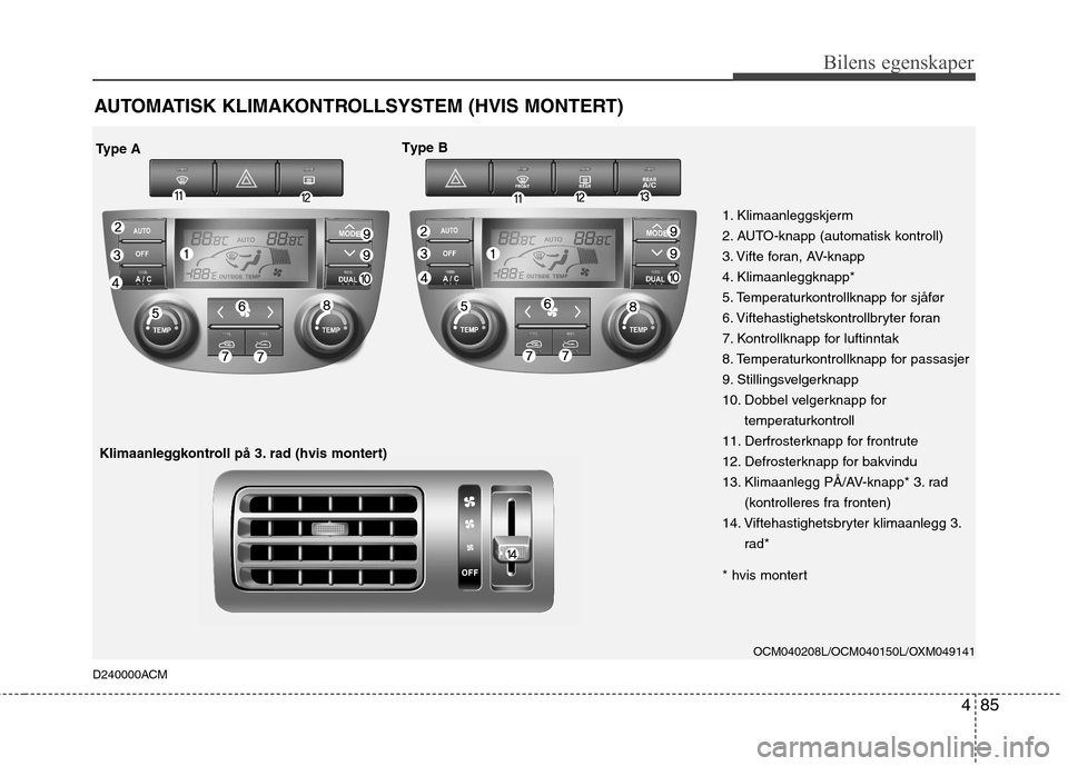 Hyundai Santa Fe 2010  Brukerhåndbok (in Norwegian) 485
Bilens egenskaper
AUTOMATISK KLIMAKONTROLLSYSTEM (HVIS MONTERT)
D240000ACM
OCM040208L/OCM040150L/OXM049141
1. Klimaanleggskjerm 
2. AUTO-knapp (automatisk kontroll)
3. Vifte foran, AV-knapp
4. Kli