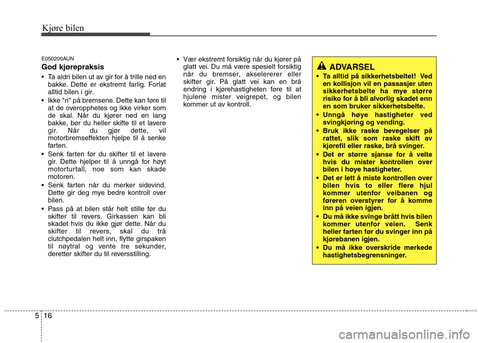 Hyundai Santa Fe 2010  Brukerhåndbok (in Norwegian) Kjøre bilen
16
5
E050200AUN God kjørepraksis 
 Ta aldri bilen ut av gir for å trille ned en
bakke. Dette er ekstremt farlig. Forlat 
alltid bilen i gir.
 Ikke "ri" på bremsene. Dette kan føre til