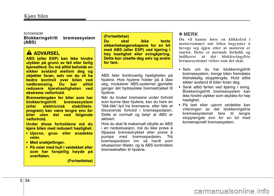 Hyundai Santa Fe 2010  Brukerhåndbok (in Norwegian) Kjøre bilen
34
5
E070300ACM Blokkeringsfritt bremsesystem (ABS) 
ABS føler kontinuerlig hastigheten på
hjulene. Hvis hjulene holder på å låseseg, modulerer ABS-systemet gjentatte
ganger det hydr