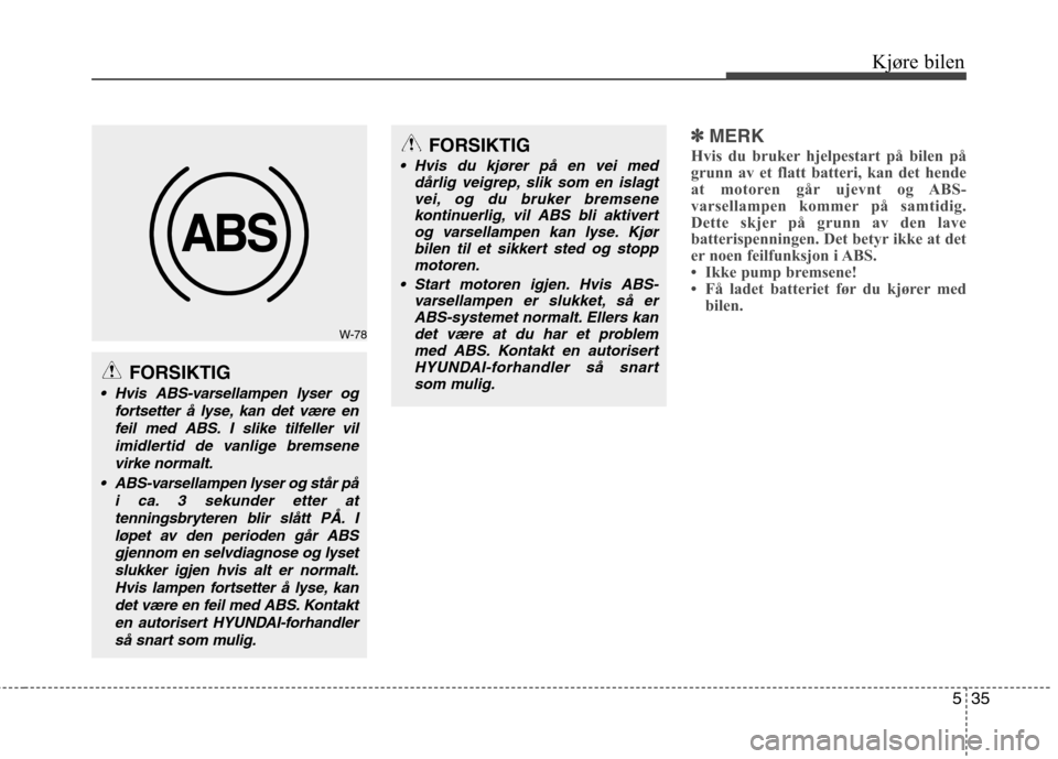 Hyundai Santa Fe 2010  Brukerhåndbok (in Norwegian) 535
Kjøre bilen
✽✽
MERK
Hvis du bruker hjelpestart på bilen på 
grunn av et flatt batteri, kan det hende
at motoren går ujevnt og ABS-
varsellampen kommer på samtidig.
Dette skjer på grunn a