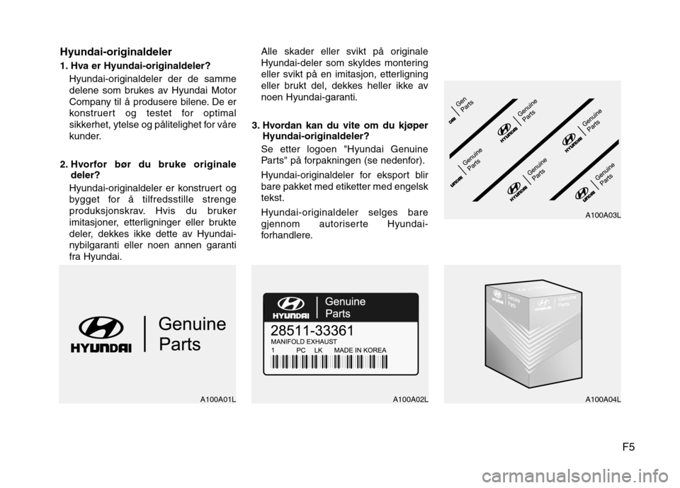 Hyundai Santa Fe 2010  Brukerhåndbok (in Norwegian) F5
Hyundai-originaldeler 
1. Hva er Hyundai-originaldeler?
Hyundai-originaldeler der de sammedelene som brukes av Hyundai Motor 
Company til å produsere bilene. De er
konstruert og testet for optimal