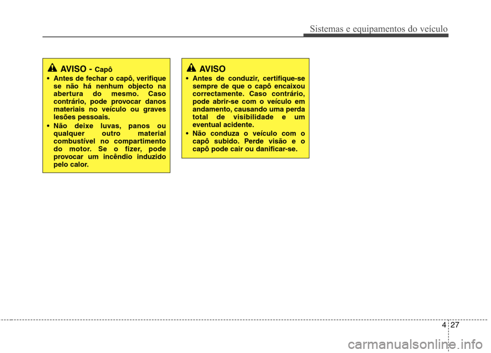 Hyundai Santa Fe 2010  Manual do proprietário (in Portuguese) 427
Sistemas e equipamentos do veículo
AVISO - Capô
 Antes de fechar o capô, verifique se não há nenhum objecto na 
abertura do mesmo. Caso
contrário, pode provocar danos
materiais no veículo o