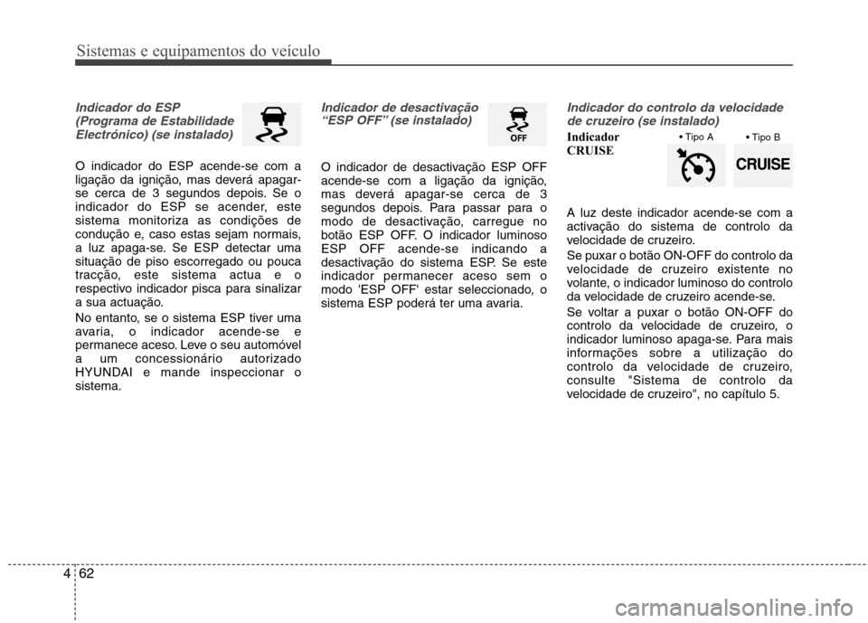 Hyundai Santa Fe 2010 Manual do proprietário (in Portuguese) Sistemas e equipamentos do veículo
62
4
Indicador do ESP
(Programa de EstabilidadeElectrónico) (se instalado)
O indicador do ESP acende-se com a
ligação da ignição, mas deverá apagar-
se cerca Hyundai Santa Fe 2010 Manual do proprietário (in Portuguese) Sistemas e equipamentos do veículo
62
4
Indicador do ESP
(Programa de EstabilidadeElectrónico) (se instalado)
O indicador do ESP acende-se com a
ligação da ignição, mas deverá apagar-
se cerca