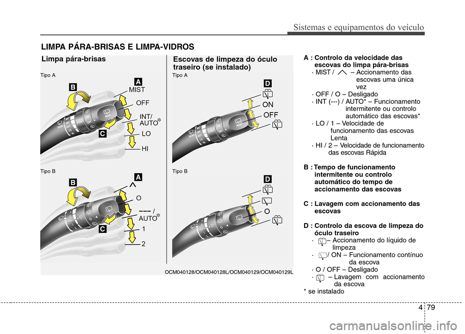 Hyundai Santa Fe 2010  Manual do proprietário (in Portuguese) 479
Sistemas e equipamentos do veículo
A : Controlo da velocidade dasescovas do limpa pára-brisas
· 
MIST /  – Accionamento das 
escovas uma única
vez
· OFF / O – Desligado
· INT (---) / AUT