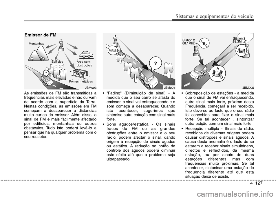 Hyundai Santa Fe 2010 Manual do proprietário (in Portuguese) 4127
Sistemas e equipamentos do veículo
As emissões de FM são transmitidas a
frêquencias mais elevadas e não curvam
de acordo com a superfície da Terra.
Nestas condições, as emissões em FMco Hyundai Santa Fe 2010 Manual do proprietário (in Portuguese) 4127
Sistemas e equipamentos do veículo
As emissões de FM são transmitidas a
frêquencias mais elevadas e não curvam
de acordo com a superfície da Terra.
Nestas condições, as emissões em FMco