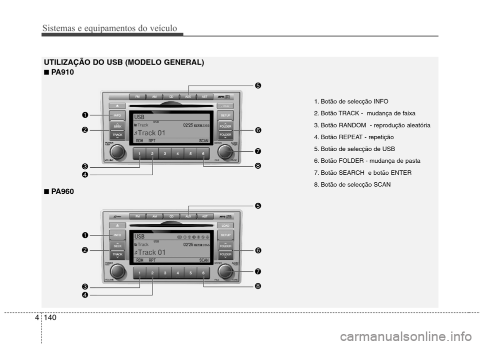 Hyundai Santa Fe 2010 Manual do proprietário (in Portuguese) Sistemas e equipamentos do veículo
140
4
UTILIZAÇÃO DO USB (MODELO GENERAL) ■ PA910
■ PA960
1. Botão de selecção INFO
2. Botão TRACK - mudança de faixa
3. Botão RANDOM - reprodução Hyundai Santa Fe 2010 Manual do proprietário (in Portuguese) Sistemas e equipamentos do veículo
140
4
UTILIZAÇÃO DO USB (MODELO GENERAL) ■ PA910
■ PA960
1. Botão de selecção INFO
2. Botão TRACK - mudança de faixa
3. Botão RANDOM - reprodução