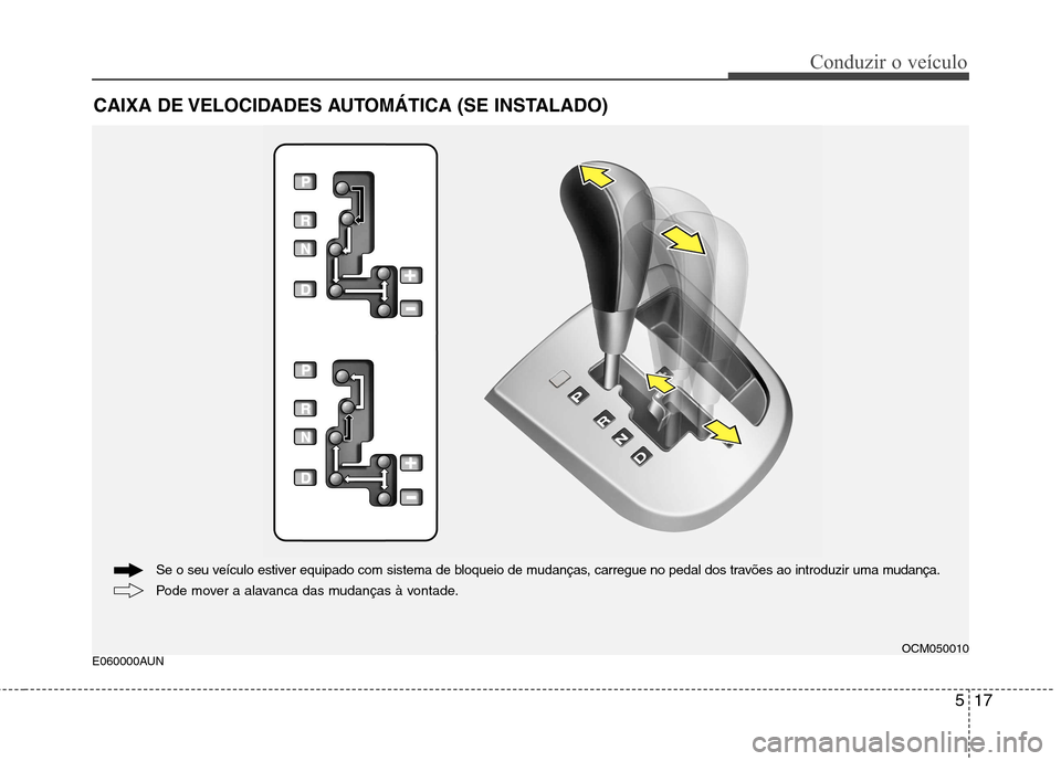 Hyundai Santa Fe 2010  Manual do proprietário (in Portuguese) 517
Conduzir o veículo
E060000AUNCAIXA DE VELOCIDADES AUTOMÁTICA (SE INSTALADO)
Pode mover a alavanca das mudanças à vontade.
Se o seu veículo estiver equipado com sistema de bloqueio de mudança