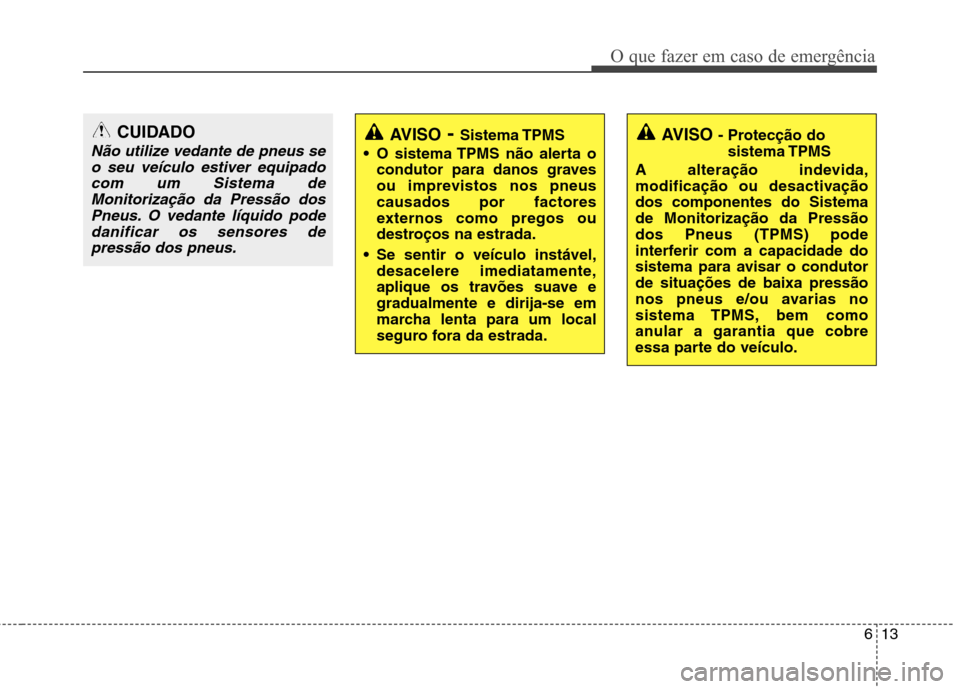 Hyundai Santa Fe 2010  Manual do proprietário (in Portuguese) 613
O que fazer em caso de emergência
CUIDADO
Não utilize vedante de pneus seo seu veículo estiver equipadocom um Sistema de Monitorização da Pressão dosPneus. O vedante líquido podedanificar o