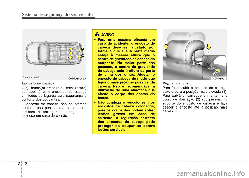 Hyundai Santa Fe 2010 Manual do proprietário (in Portuguese) Sistema de segurança do seu veículo
12
3
Encosto de cabeça
O(s) banco(s) traseiro(s) está (estão) equipado(s) com encostos de cabeça
em todos os lugares para segurança e
conforto dos ocupantes. Hyundai Santa Fe 2010 Manual do proprietário (in Portuguese) Sistema de segurança do seu veículo
12
3
Encosto de cabeça
O(s) banco(s) traseiro(s) está (estão) equipado(s) com encostos de cabeça
em todos os lugares para segurança e
conforto dos ocupantes.