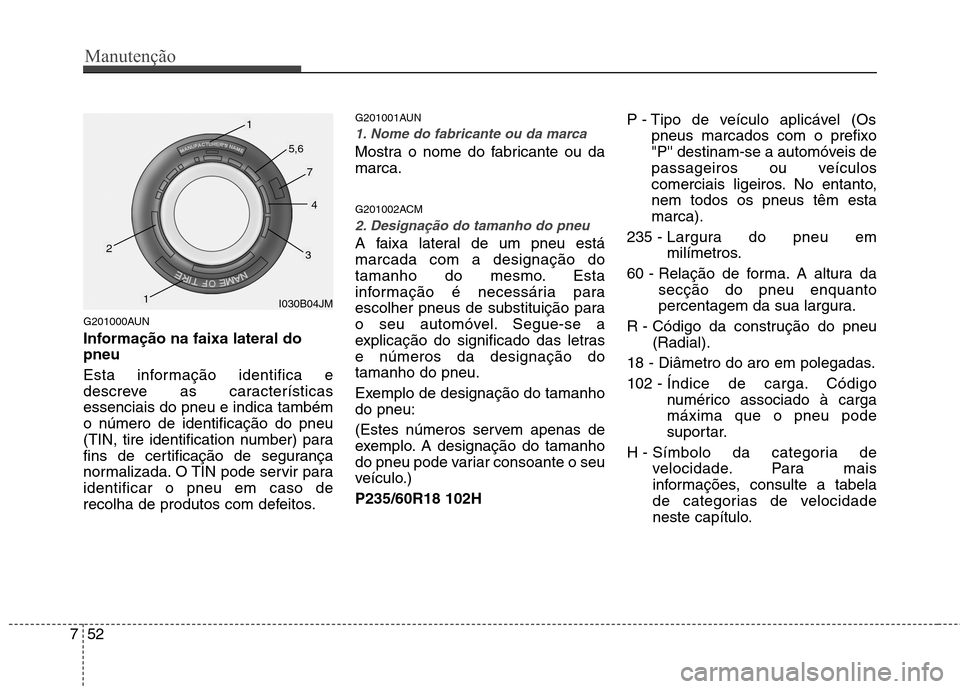 Hyundai Santa Fe 2010 Manual do proprietário (in Portuguese) Manutenção
52
7
G201000AUN
Informação na faixa lateral do pneu
Esta informação identifica e
descreve as característicasessenciais do pneu e indica tambémo número de identificação do pneu Hyundai Santa Fe 2010 Manual do proprietário (in Portuguese) Manutenção
52
7
G201000AUN
Informação na faixa lateral do pneu
Esta informação identifica e
descreve as característicasessenciais do pneu e indica tambémo número de identificação do pneu