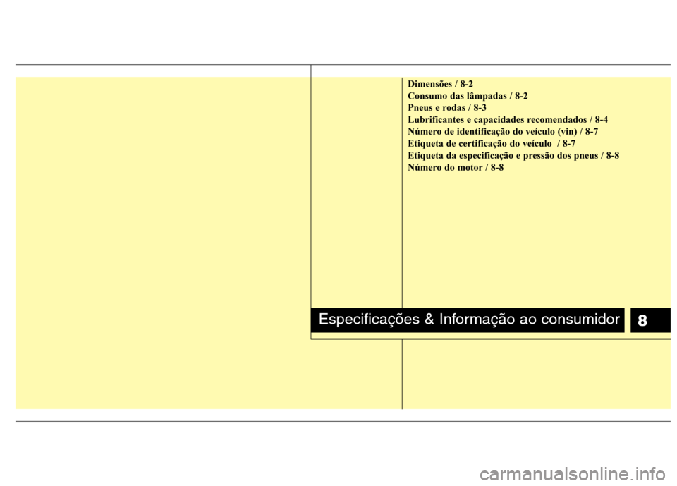Hyundai Santa Fe 2010 Manual do proprietário (in Portuguese) 8
Dimensões / 8-2
Consumo das lâmpadas / 8-2
Pneus e rodas / 8-3
Lubrificantes e capacidades recomendados / 8-4
Número de identificação do veículo (vin) / 8-7
Etiqueta de certificação do veí Hyundai Santa Fe 2010 Manual do proprietário (in Portuguese) 8
Dimensões / 8-2
Consumo das lâmpadas / 8-2
Pneus e rodas / 8-3
Lubrificantes e capacidades recomendados / 8-4
Número de identificação do veículo (vin) / 8-7
Etiqueta de certificação do veí