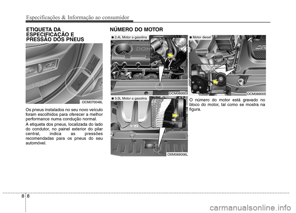 Hyundai Santa Fe 2010 Manual do proprietário (in Portuguese) Os pneus instalados no seu novo veículo
foram escolhidos para oferecer a melhor
performance numa condução normal.
A etiqueta dos pneus, localizada do lado
do condutor, no painel exterior do pila Hyundai Santa Fe 2010 Manual do proprietário (in Portuguese) Os pneus instalados no seu novo veículo
foram escolhidos para oferecer a melhor
performance numa condução normal.
A etiqueta dos pneus, localizada do lado
do condutor, no painel exterior do pila