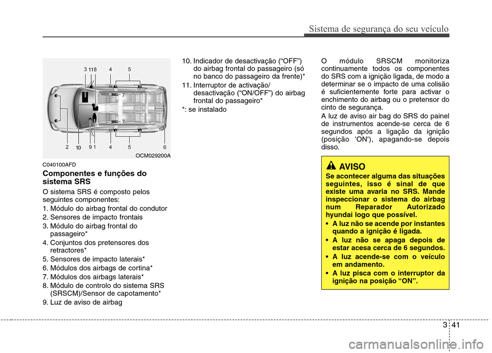 Hyundai Santa Fe 2010 Manual do proprietário (in Portuguese) 341
Sistema de segurança do seu veículo
C040100AFD Componentes e funções do sistema SRS O sistema SRS é composto pelos seguintes componentes:
1. Módulo do airbag frontal do condutor
2. Sensores Hyundai Santa Fe 2010 Manual do proprietário (in Portuguese) 341
Sistema de segurança do seu veículo
C040100AFD Componentes e funções do sistema SRS O sistema SRS é composto pelos seguintes componentes:
1. Módulo do airbag frontal do condutor
2. Sensores