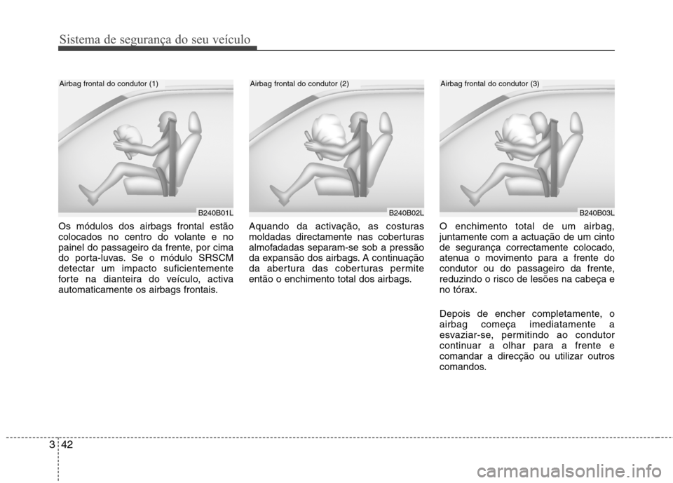 Hyundai Santa Fe 2010 Manual do proprietário (in Portuguese) Sistema de segurança do seu veículo
42
3
Os módulos dos airbags frontal estão
colocados no centro do volante e no
painel do passageiro da frente, por cima
do porta-luvas. Se o módulo SRSCMdetect Hyundai Santa Fe 2010 Manual do proprietário (in Portuguese) Sistema de segurança do seu veículo
42
3
Os módulos dos airbags frontal estão
colocados no centro do volante e no
painel do passageiro da frente, por cima
do porta-luvas. Se o módulo SRSCMdetect