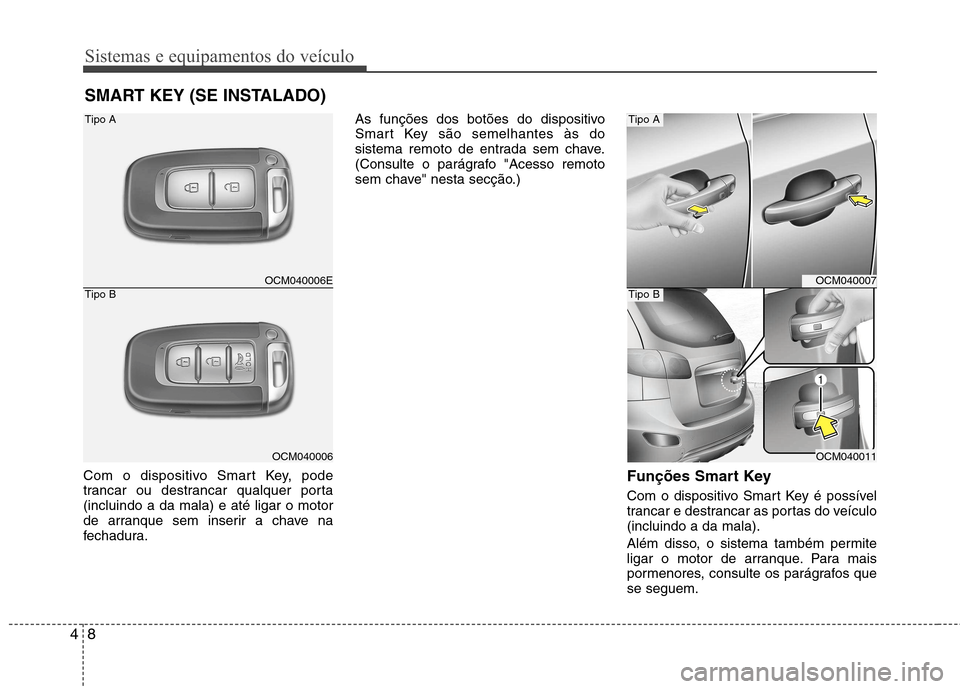 Hyundai Santa Fe 2010  Manual do proprietário (in Portuguese) Sistemas e equipamentos do veículo
8
4
Com o dispositivo Smart Key, pode 
trancar ou destrancar qualquer porta(incluindo a da mala) e até ligar o motor
de arranque sem inserir a chave na
fechadura. 