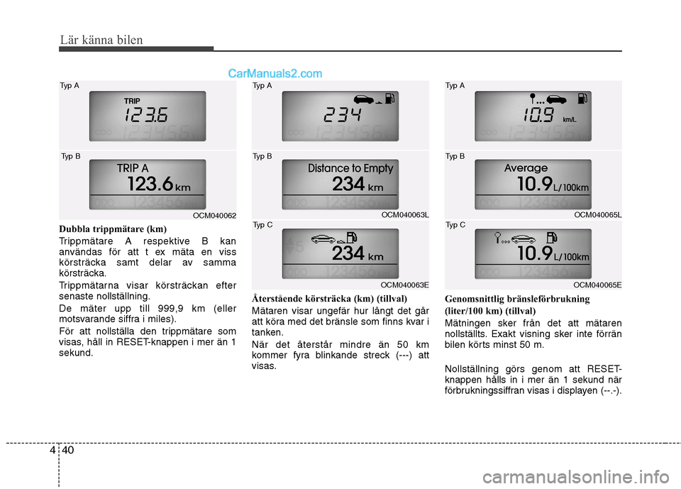 Hyundai Santa Fe 2010  Ägarmanual (in Swedish) Lär känna bilen
40
4
Dubbla trippmätare (km) 
Trippmätare A respektive B kan 
användas för att t ex mäta en viss
körsträcka samt delar av samma
körsträcka. 
Trippmätarna visar körsträcka