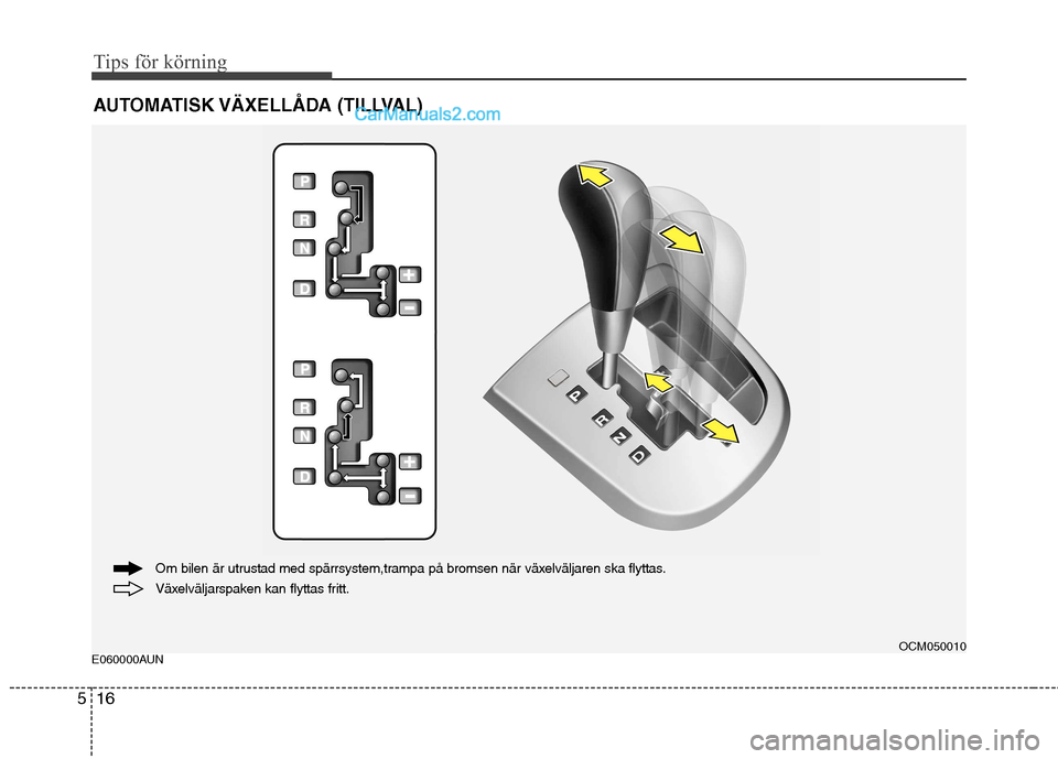 Hyundai Santa Fe 2010 Ägarmanual (in Swedish) Tips för körning
16
5
E060000AUN AUTOMATISK VÄXELLÅDA (TILLVAL)OCM050010
Växelväljarspaken kan flyttas fritt.
Om bilen är utrustad med spärrsystem,trampa på bromsen när växelväljaren ska Hyundai Santa Fe 2010 Ägarmanual (in Swedish) Tips för körning
16
5
E060000AUN AUTOMATISK VÄXELLÅDA (TILLVAL)OCM050010
Växelväljarspaken kan flyttas fritt.
Om bilen är utrustad med spärrsystem,trampa på bromsen när växelväljaren ska